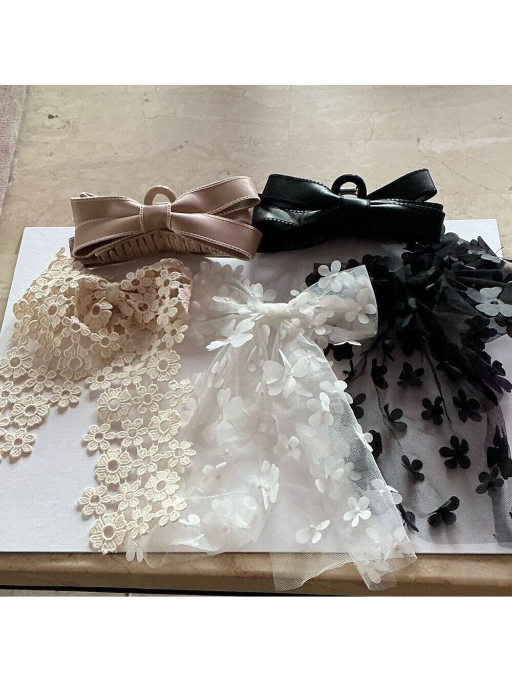 Black White Tan Lace Bow Hair Accessory Collection